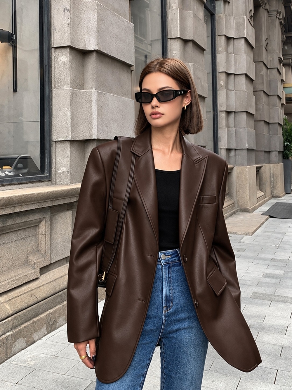 COMMENSE Brown Faux Leather Oversized Blazer Jacket - Women
